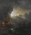 A Moonlit River Landscape With A Village Burning In The Background - (after) Aert Van Der Neer