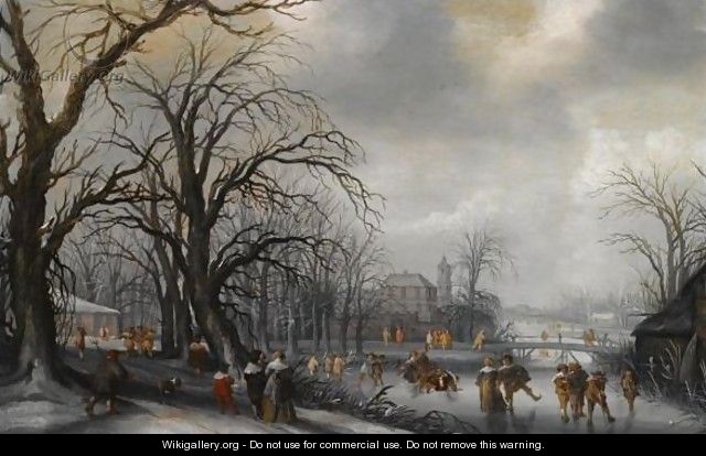 A Winter Landscape With Elegant Figures Conversing On A Path And Skating On The Ice, A Fortified Town Beyond - (after) Adriaen Pietersz. Van De Venne