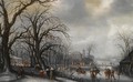 A Winter Landscape With Elegant Figures Conversing On A Path And Skating On The Ice, A Fortified Town Beyond - (after) Adriaen Pietersz. Van De Venne