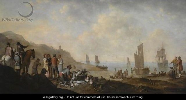 A Beach Scene With Fishermen Unloading The Catch, Two Horsemen Conversing To The Left - Jan De Bondt