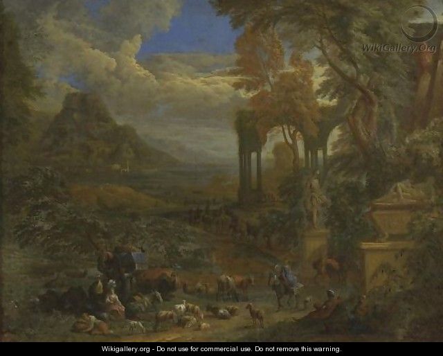 A Southern Landscape With Travellers Resting On A Path With Their Herd And Camels Near Antique Ruins - Pieter Rijsbraeck