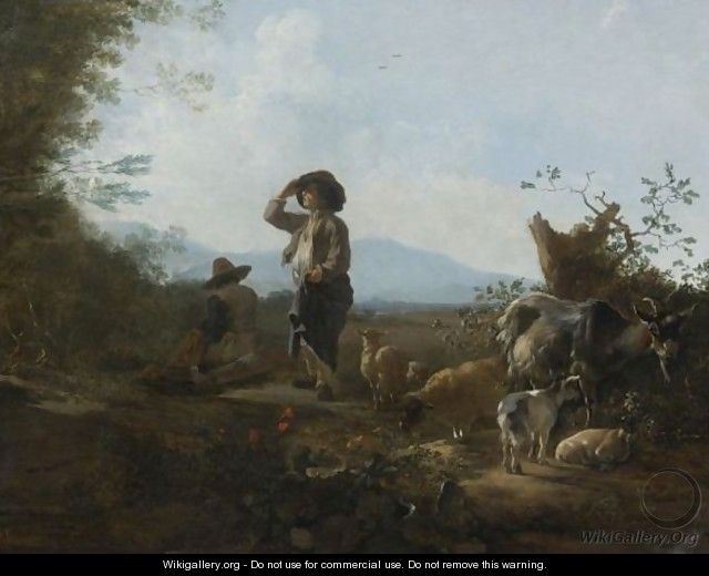 An Italianate Landscape With Shepherds Resting With Their Flock - Adam Pynacker