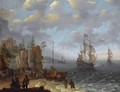 A Beach Scene With Fishermen Unloading The Catch, Two Dutch Merchant Ships Beyond - Isaac Willaerts