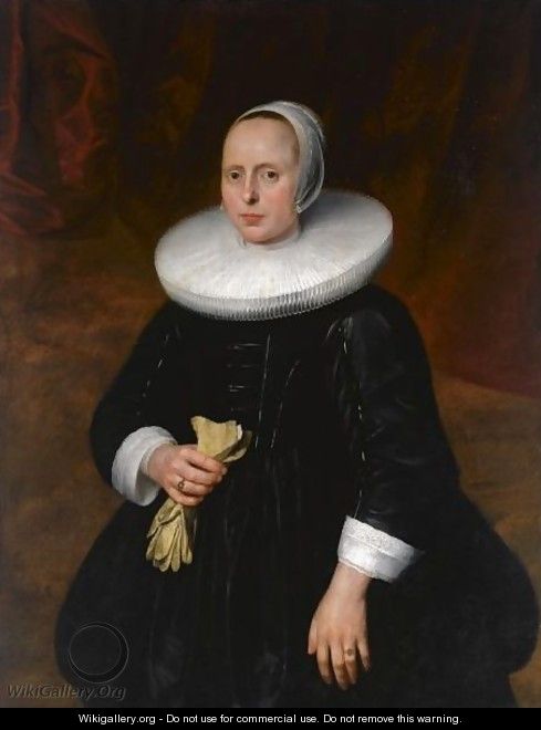 A Portrait Of A Lady, Standing Three-Quarter Length, Wearing A Black Dress With A Mill-Stone Collar - (after) Thomas De Keyser