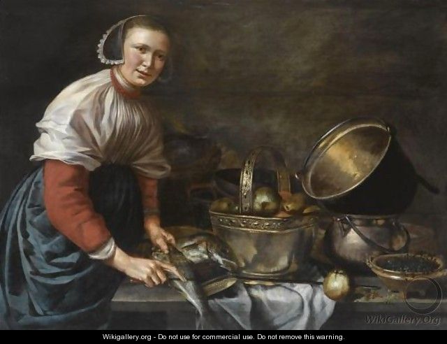 A Lady Cleaning Fish, Standing At A Table - Willem Van Odekercken