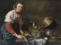 A Lady Cleaning Fish, Standing At A Table - Willem Van Odekercken