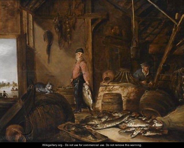 A Fisherman In His Barn With Fresh-Water Fish, A Woman In The Background - Pieter de Putter