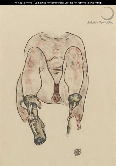 Seated Female Nude With Green Boots - Egon Schiele