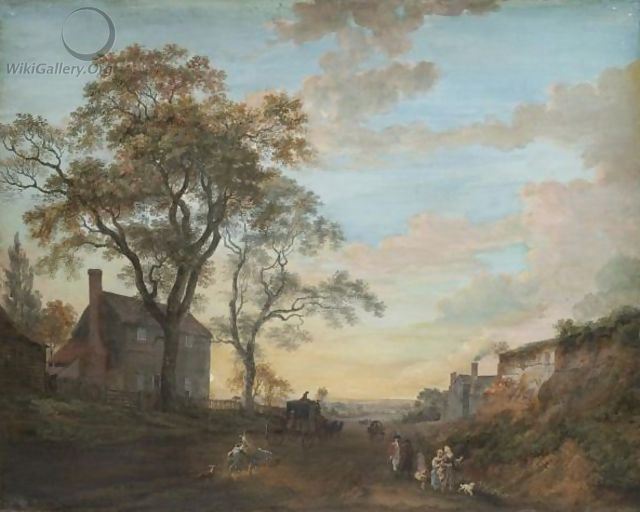 A Carriage And Figures Travelling The High Road Near An Inn - Paul Sandby