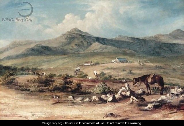 The Artist And His Mount Overlooking A Valley In The Eastern Cape, With A Wagon Train Passing A Farm Below - Thomas Baines