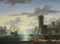 Marina All'Alba Con Imbarcazioni, Figure E Un Paese Fortificato Sulla Destra - (after) Orazio Grevenbroeck
