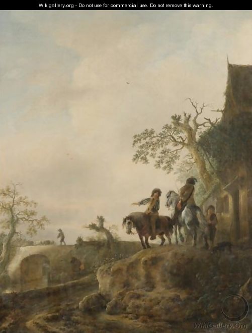 Horsemen Halting At An Inn, A Shepherd Driving His Flock Across A Bridge Beyond - Isaack Jansz. van Ostade