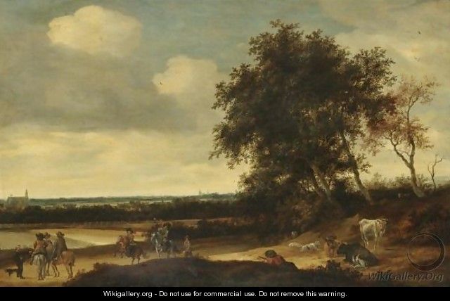 A Landscape With Cavaliers In The Foreground, A Church Beyond - Jacob Salomonsz. Ruysdael