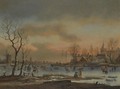 An Extensive Winter Landscape With Numerous Figures Skating, A Church Beyond - (after) Aert Van Der Neer