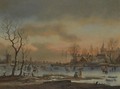 An Extensive Winter Landscape With Numerous Figures Skating, A Church Beyond - (after) Aert Van Der Neer