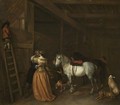 An Amorous Couple In A Stable With A Grey, A Bay Horse And Dogs - Hendrick Verschuring