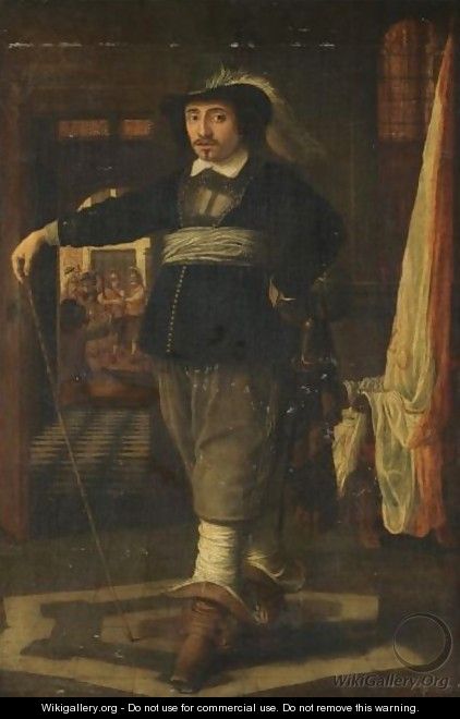 Portrait Of A Cavalier, Full-Length, In An Interior With Soldiers Loading Their Guns Beyond - (after) Wolfgang Heimbach