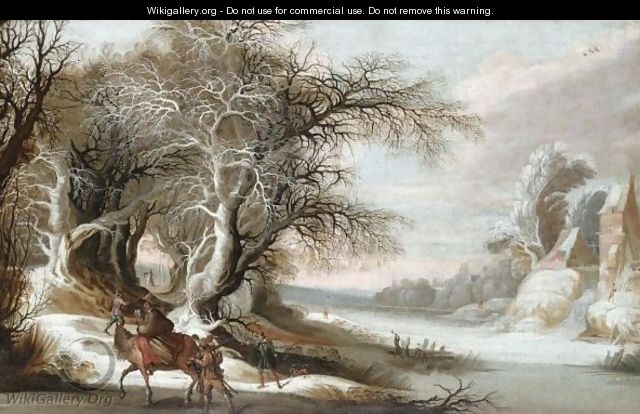 A Winter Landscape With Men Returning From The Hunt, And A Woman With A Child On Horseback - Gysbrecht Leytens