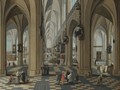 A Church Interior With Elegant Figures Strolling And Figures Attending Mass - Pieter the Elder Neefs