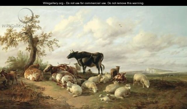 Cattle, Sheep And Goats In A Canterbury Meadow - Thomas Sidney Cooper