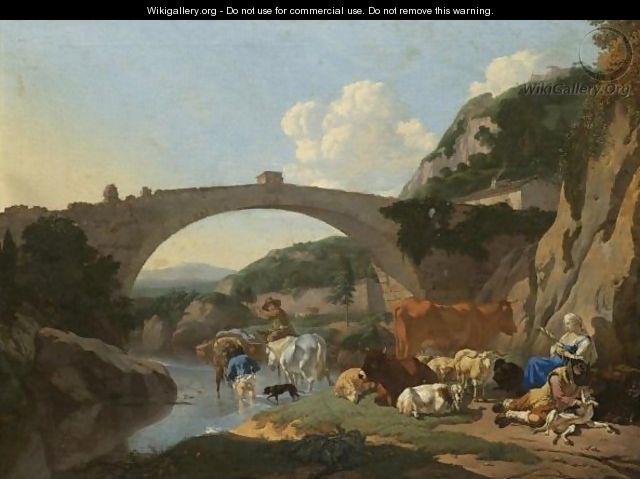 Italianate Landscape With Herders And Animals Resting By A River Under A Bridge - Karel Dujardin