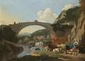 Italianate Landscape With Herders And Animals Resting By A River Under A Bridge - Karel Dujardin