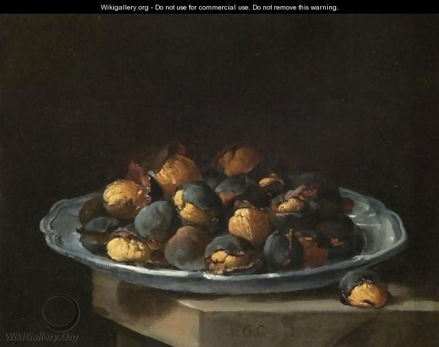 Still Life With Roasted Chestnuts On A White Plate Resting On A Stone Ledge - Giacomo Ceruti (Il Pitocchetto)