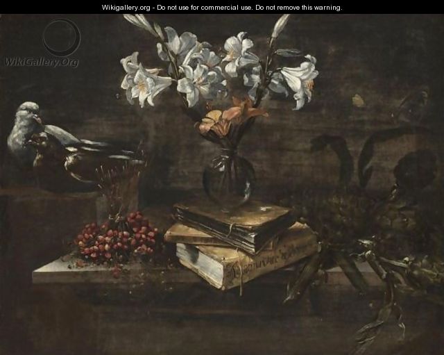 Still Life With A Vase Of Lilies In A Glass Vase Resting On A Pile Of Books, A Bunch Of Wild Strawberries And Some Asparagus - Roman School