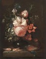 A Still Life With Roses, Honeysuckle, Other Flowers And Summer Fruits In A Glass Vase, Shrimps On The Stone Ledge Below - Joris Van Son