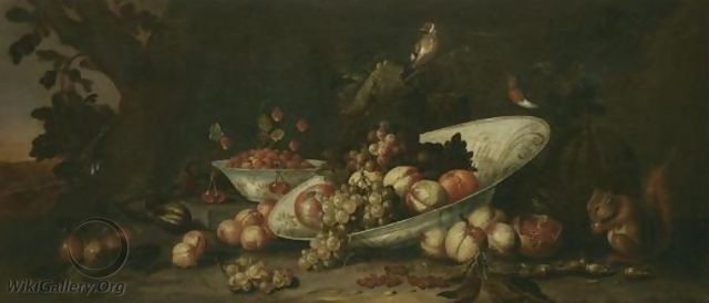 A Still Life Of Fruit Including Grapes, Peaches And An Orange In A Tilted Porcelain Dish - The Pseudo-Simons