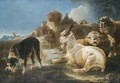 Two Sheep And A Goat, With A Dog Drinking From A Pool Before A Ruin - Philipp Peter Roos
