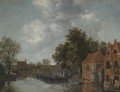 A View On A Canal In A Dutch Village With Barges Moared On The Quay Near Houses - Meindert Hobbema