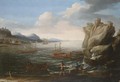 A Mediterranean Coastal Scene With Figures On The Shore In The Foreground - Roman School
