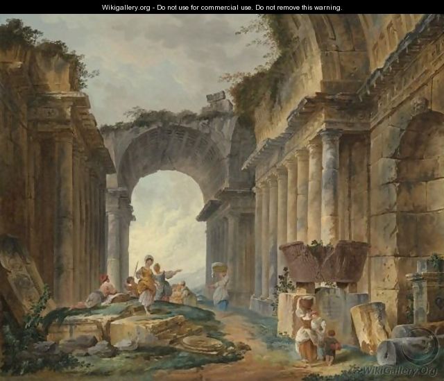 Washerwomen And Peasants Resting Amongst Ancient Ruins - Hubert Robert