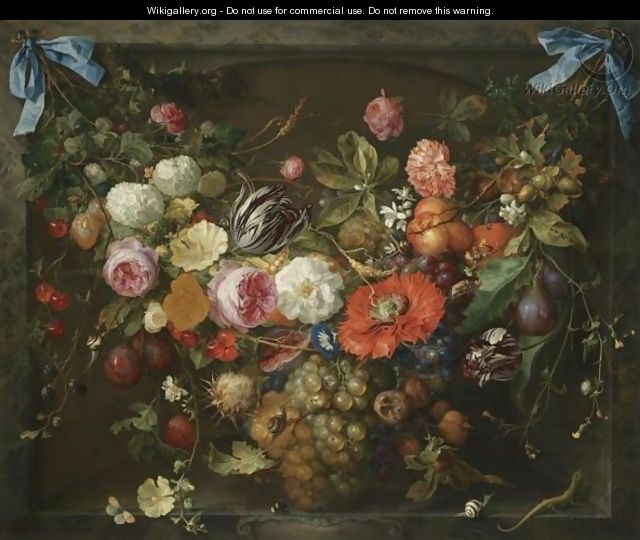A Festoon Of Fruit And Flowers In A Marble Niche - Jan Davidsz. De Heem