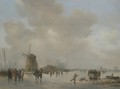 Winter Landscape With Skaters And Golfers On A Frozen River Near A Windmill - Jan van Goyen