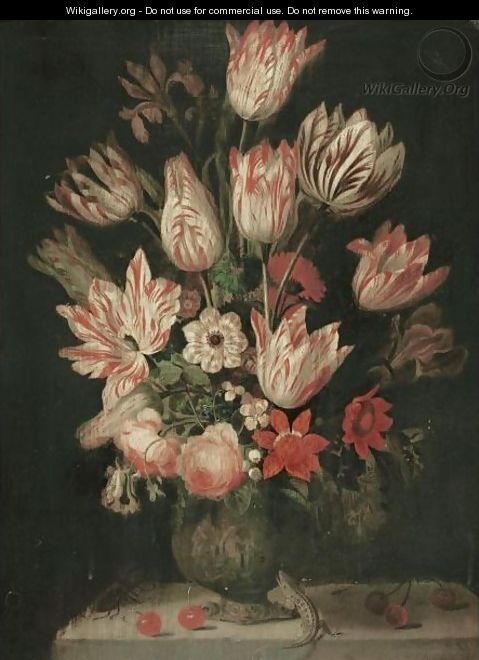 A Still Life Of Tulips And Other Flowers In A Vase On A Marble Ledge, With A Green Lizard - Jacob Marel