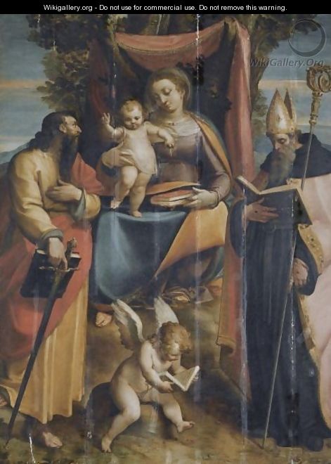 The Madonna And Child With Saints Paul And Augustine, A Putto Reading At Their Feet - Luca Cambiaso