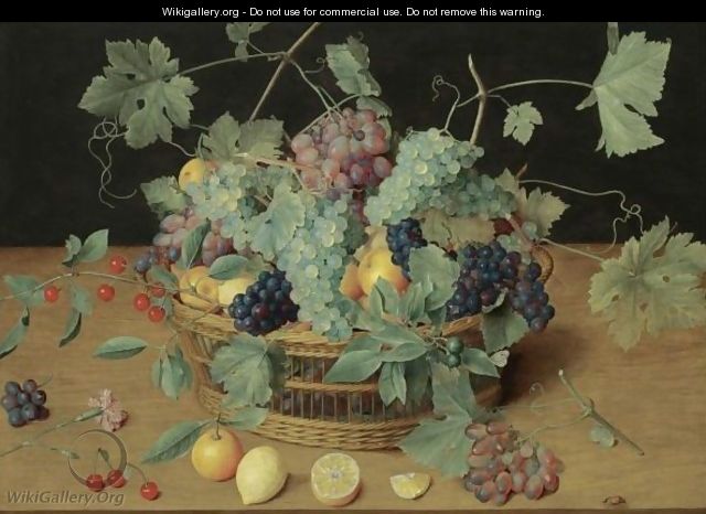 A Still Life With Fruit In A Basket, Including Bunches Of Grapes And Lemons, Cherries And Oranges On The Wooden Table Beneath - Isaak Soreau