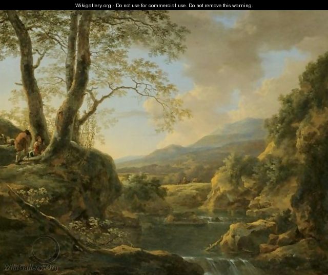 An Extensive River Landscape With Herdsmen Resting Their Goats Under A Tree - Jan Both