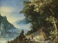 A Mountainous River Landscape With Travellers On A Hill Overlooking A Distant Town - Jan The Elder Brueghel