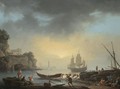 A Mediterranean Coastal Scene With Fishermen Bringing In Their Boats And A Man Of War At Anchor Beyond - Claude-joseph Vernet