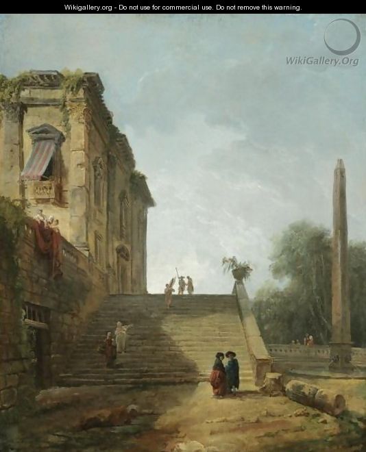 Capriccio Landscape With Figures Ascending A Staircase Near An Obelisk In The Gardens Of A Villa - Hubert Robert