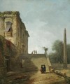 Capriccio Landscape With Figures Ascending A Staircase Near An Obelisk In The Gardens Of A Villa - Hubert Robert