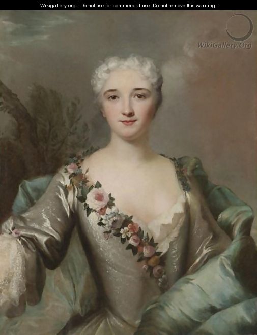 Portrait Of A Lady, Half Length In A Landscape, Wearing A Silver Dress With A Floral Wreath - Louis Tocque
