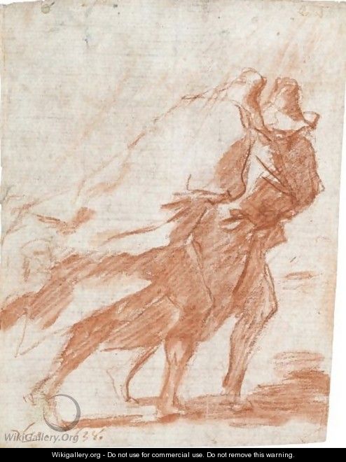 Two Men In Cloaks And Hats, Battling Against A Strong Wind - Salvator Rosa