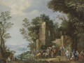 A River Landscape With Travellers Crossing A Bridge In Front Of A Ruined Castle - Johannes Jacob Hartmann