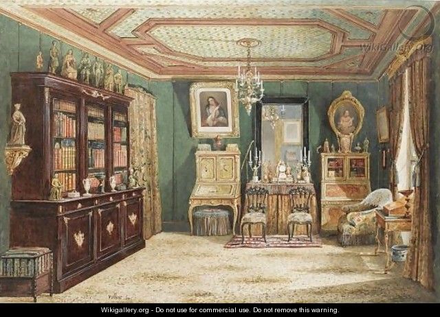 An Ornate French Living Room, A Bookcase To The Left With Several Sculptures On Top - Francois Etienne Villeret