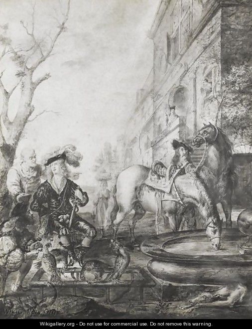 A Hawking Party Watering Their Horses In Front Of A House - Peeter Rottermondt