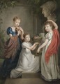 Portrait Of Three Young Girls In A Garden, One Holding A Basket Of Flowers - French School